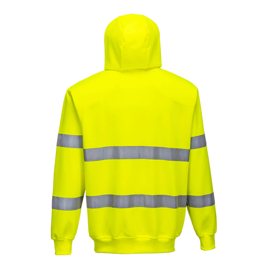 Portwest Warnschutz-Kapuzensweatjacke hinten in Gelb mit reflektierenden Streifen und Kapuze