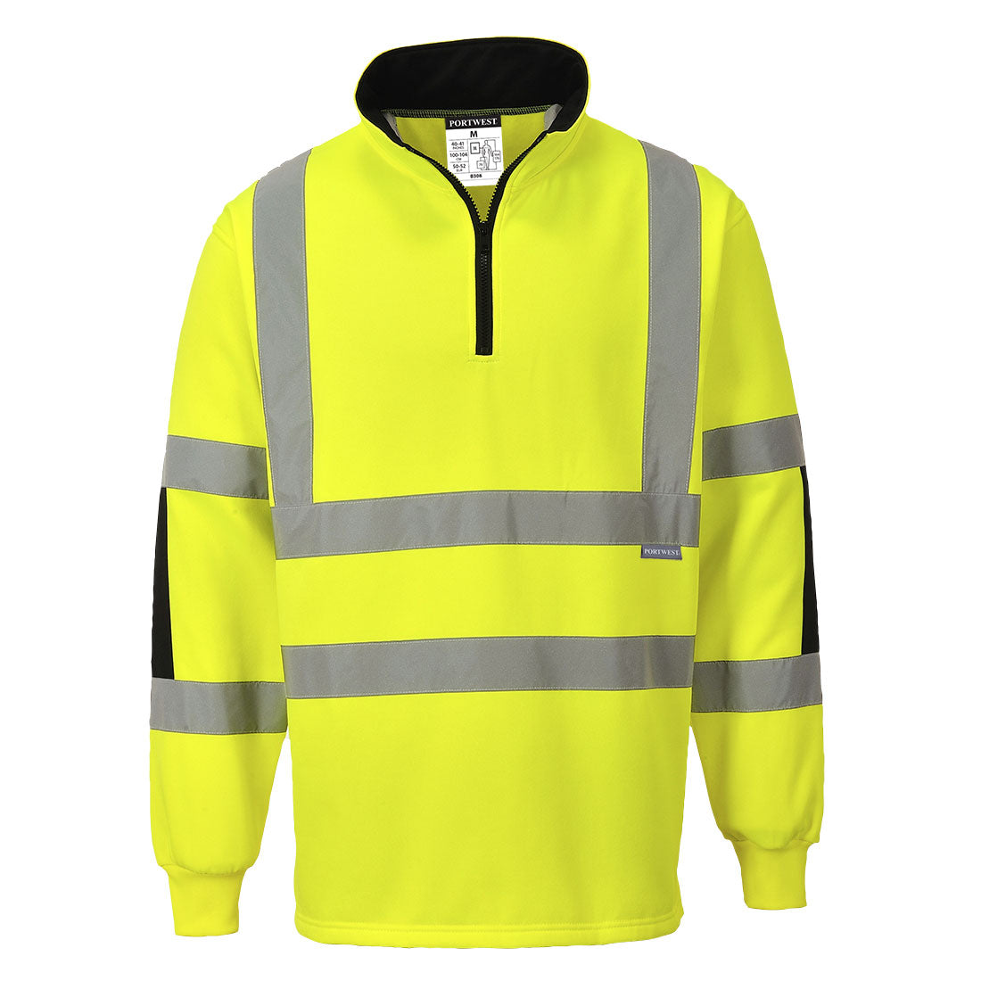 Warnschutz-Rugbyshirt in leuchtendem Gelb mit halbem Reißverschluss und reflektierenden Streifen