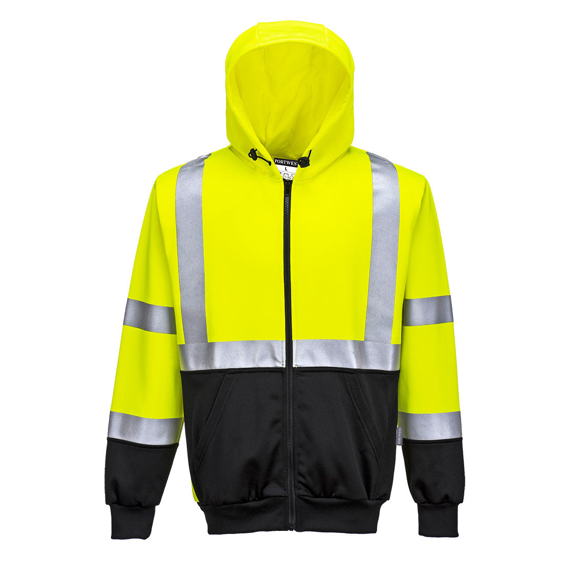 Warnschutz-Kapuzensweatjacke (2-farbig): gelb/schwarz, reflektierende Streifen vorn