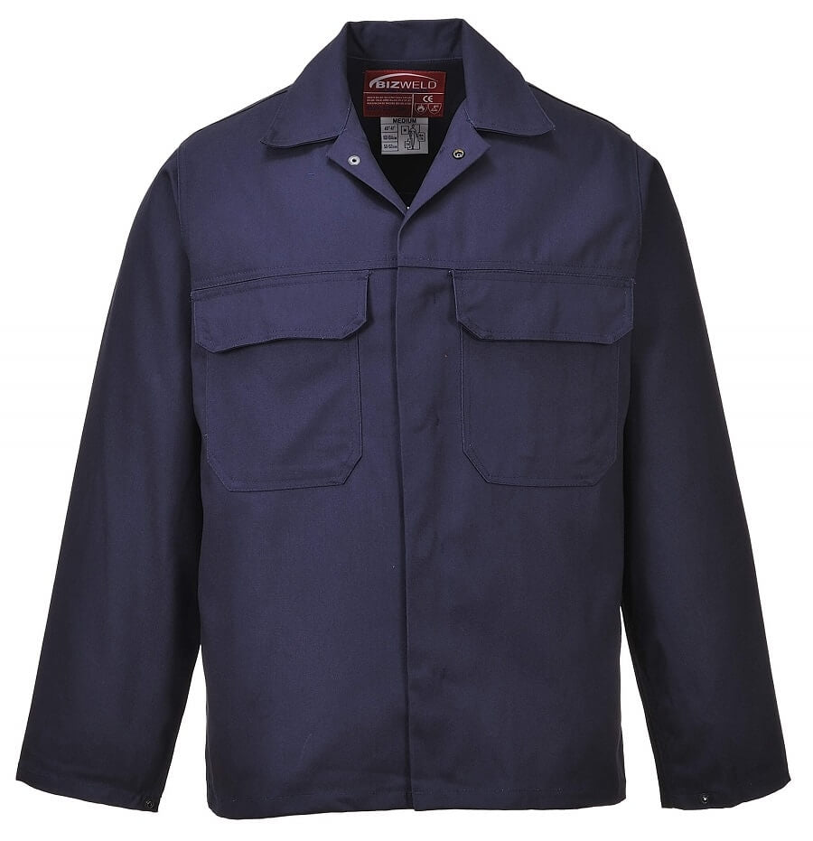 Schweißerjacke mit Stehkragen, Druckknopfleiste und zwei Brusttaschen, dunkelblau