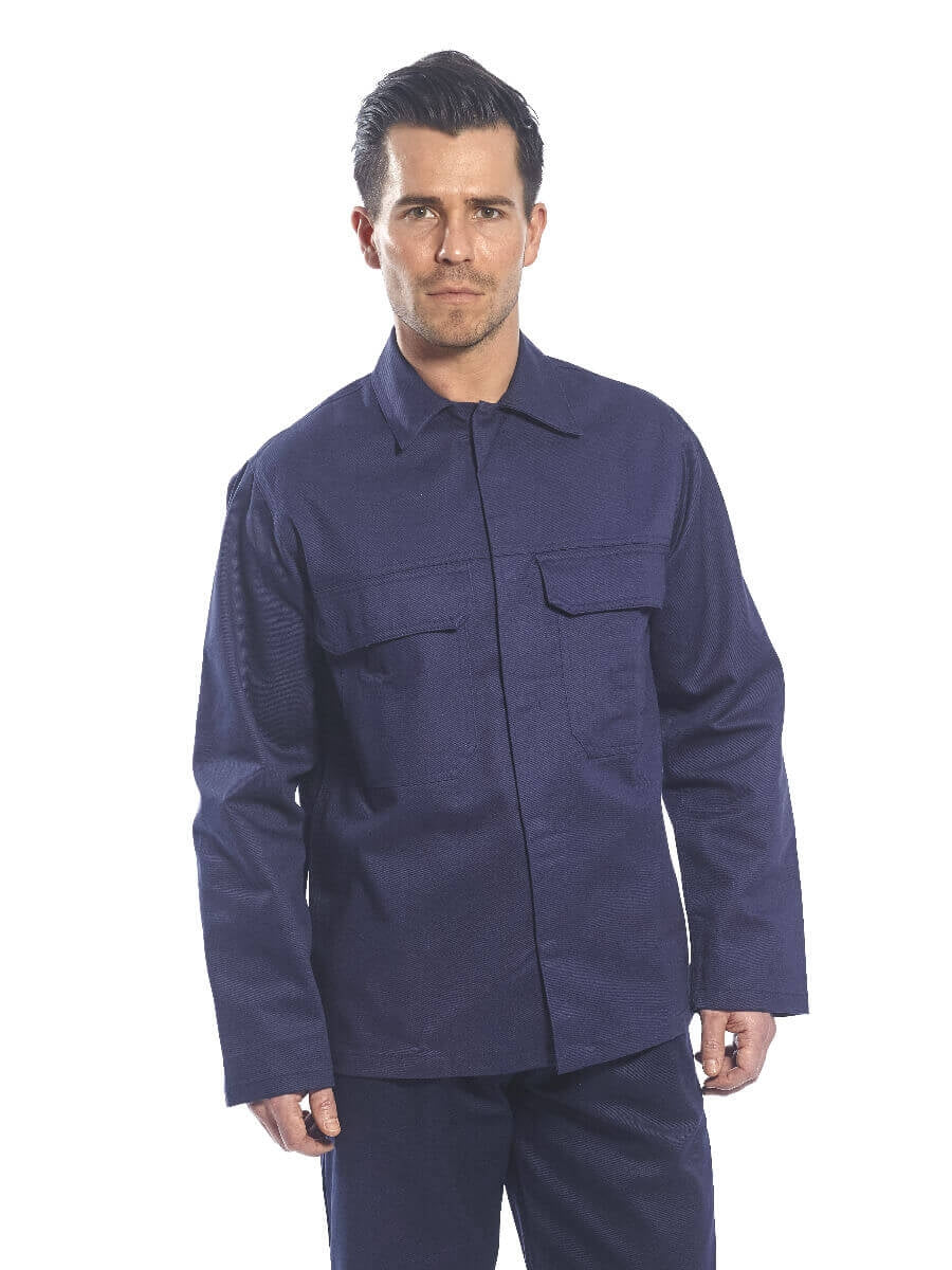 Schweißerjacke dunkelblau mit Stehkragen und zwei Brusttaschen, Vorderansicht