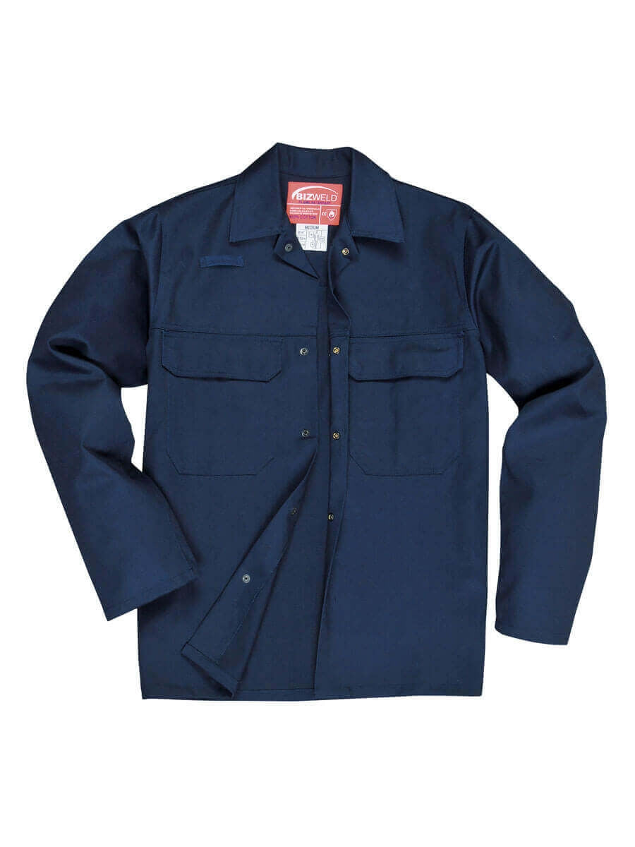 Schweißerjacke dunkelblau mit Knopfleiste und zwei Brusttaschen, Langarm
