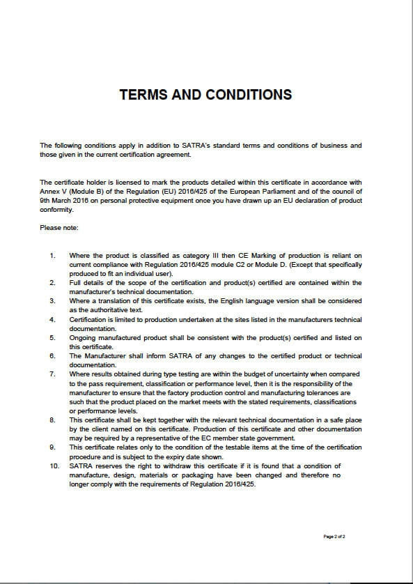 Dokument „Terms and Conditions“, Bedingungen der Zertifizierung, Seite mit Text