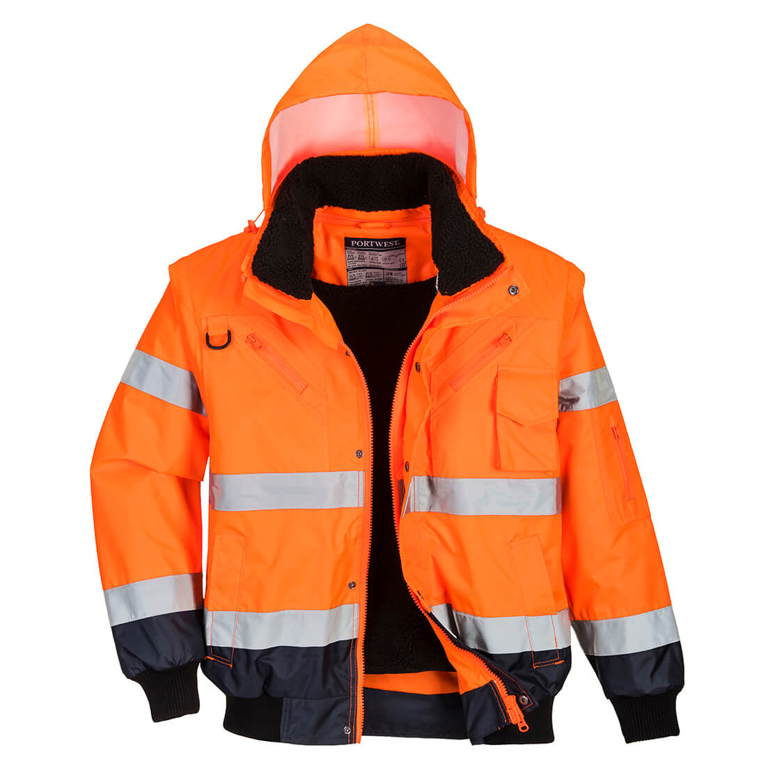 Warnschutz-Pilotjacke Portwest, orange mit Reflexstreifen und dunkelblauer Unterseite, Kapuze