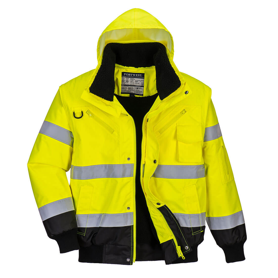 Warnschutz-Pilotjacke, gelb-schwarz, Kapuze, Reflexstreifen, durchgehendem Reißverschluss
