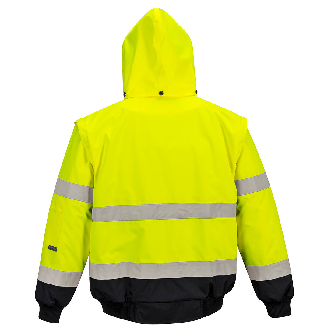 Warnschutz-Pilotjacke gelb-schwarz, Kapuze, Rücken mit breiten Reflexstreifen