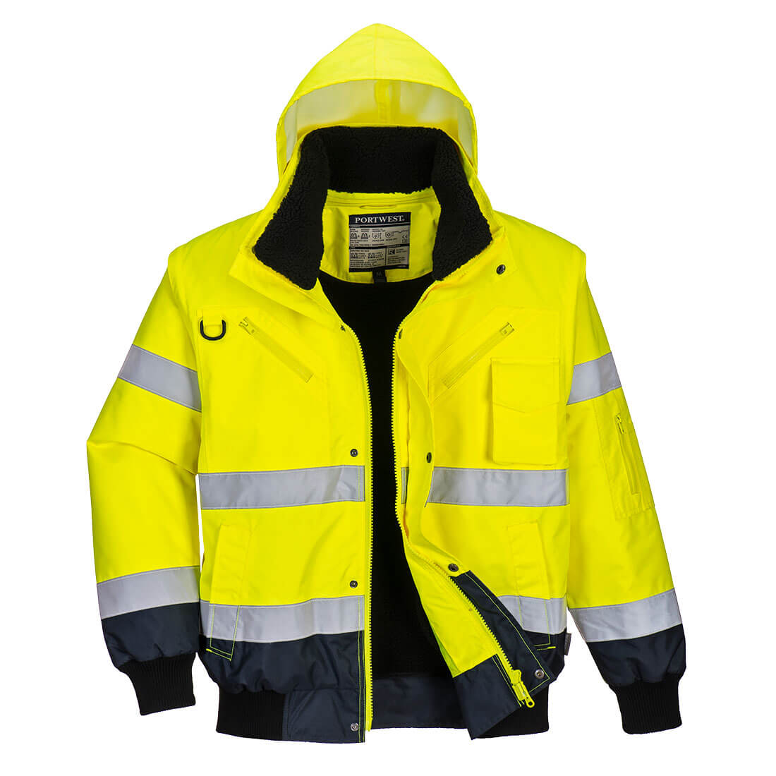Warnschutz-Pilotjacke gelb mit Reflexstreifen, Kapuze und Reißverschluss