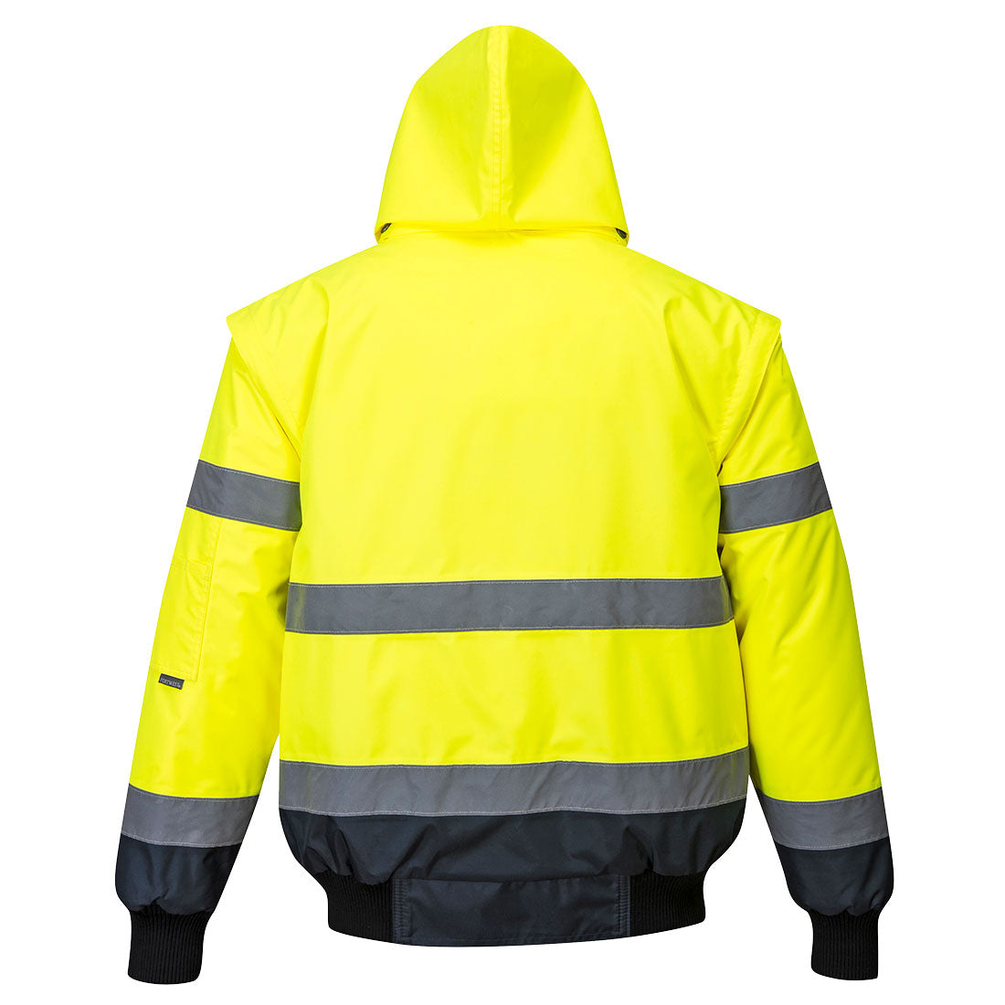 Warnschutz-Pilotjacke gelb, Kapuze, breite Reflexstreifen hinten