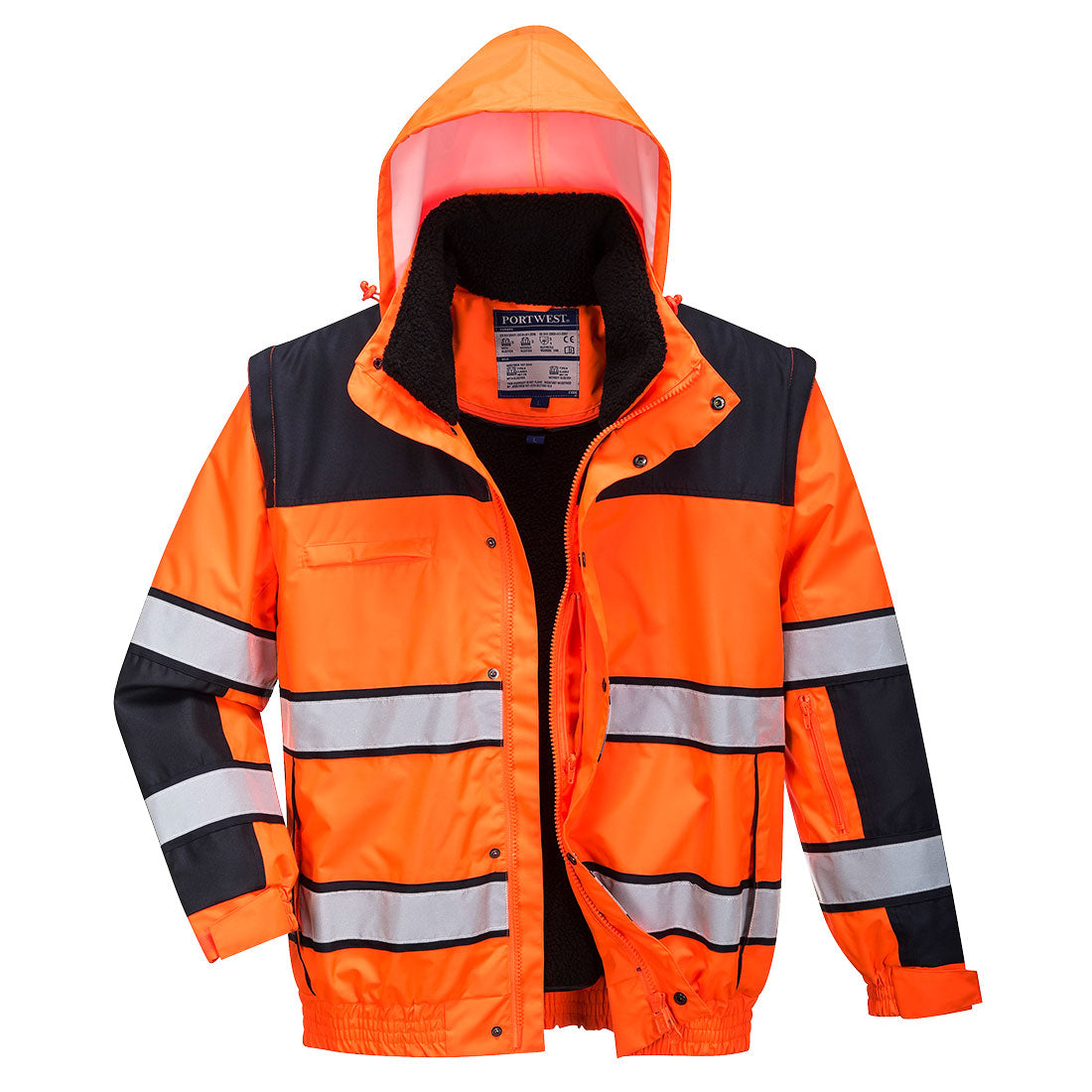 Warnschutz-Winterpilotjacke: orange, reflektierende Streifen, Kapuze, durchgehender Reißverschluss