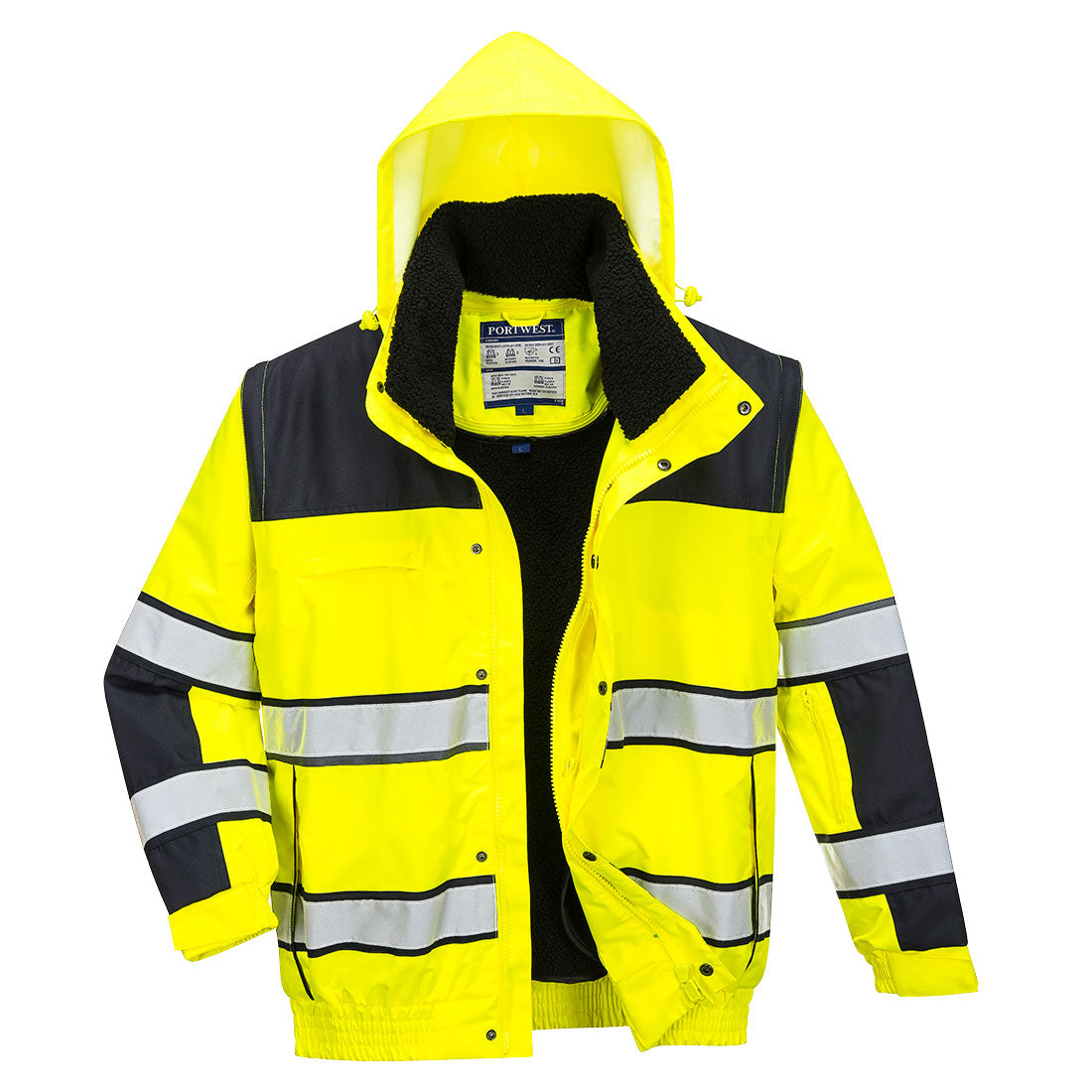Warnschutz-Pilotjacke mit Kapuze, gelb-schwarz, Reflexstreifen und Frontreißverschluss