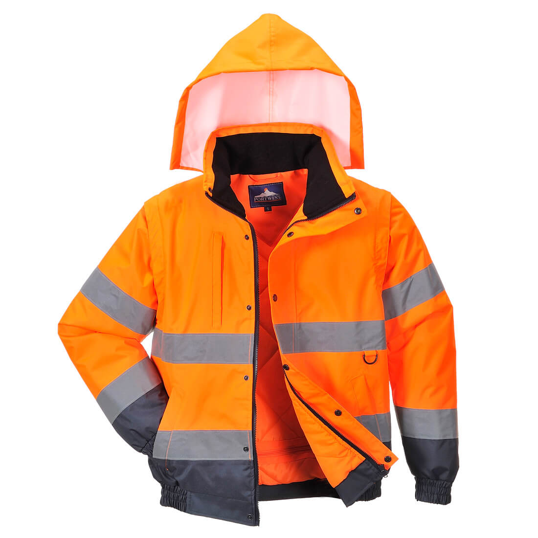 Warnschutz-2-in-1-Pilotjacke orange mit Kapuze und reflektierenden Streifen, dunkel gefüttert