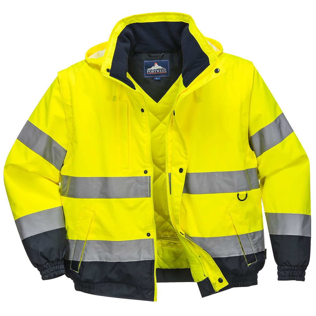 Warnschutz-Pilotjacke 2-in-1 in Gelb, Kapuze, Reißverschluss, breite Reflexstreifen