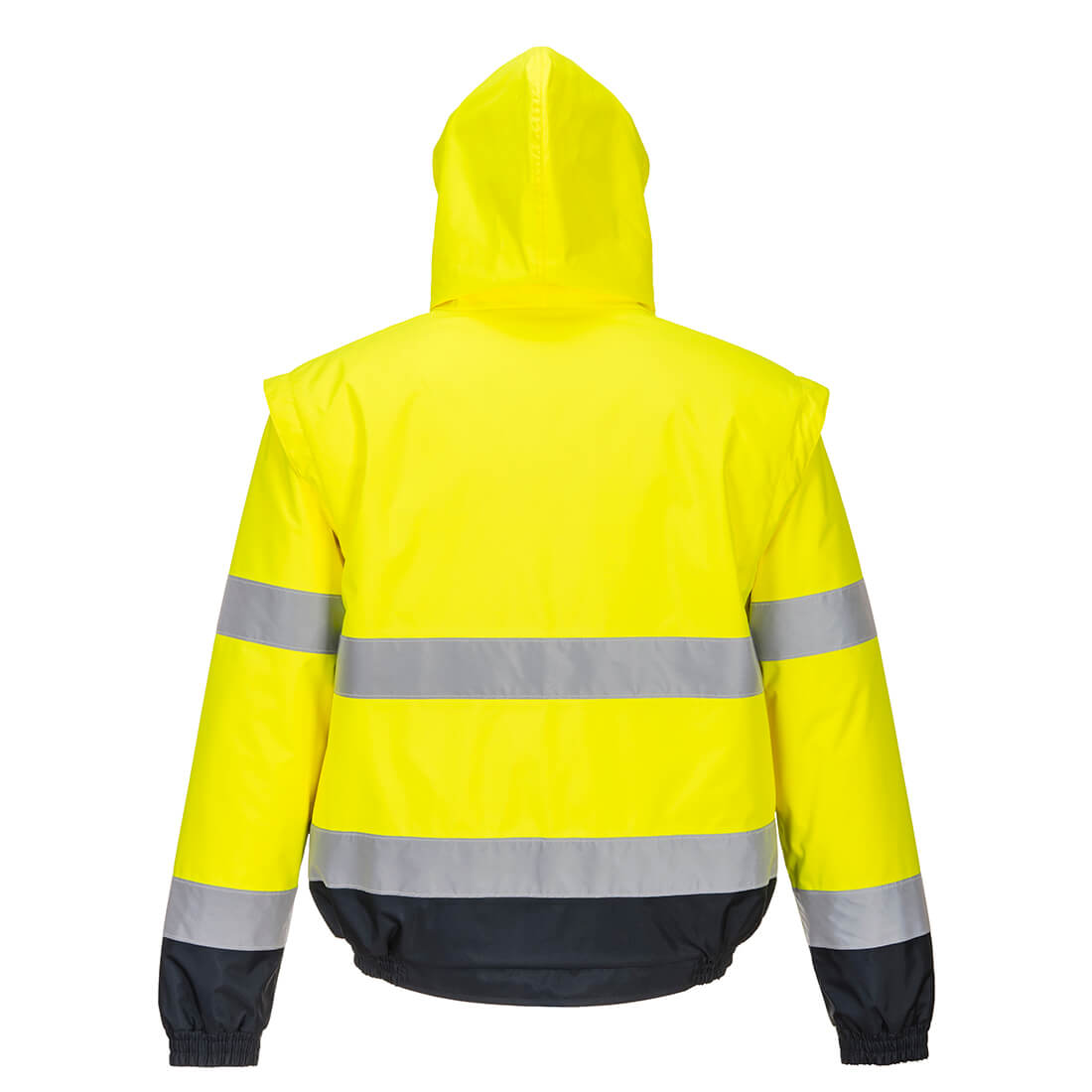 Warnschutz-Pilotjacke 2-in-1, gelb, Kapuze, breite Reflexstreifen am Rücken