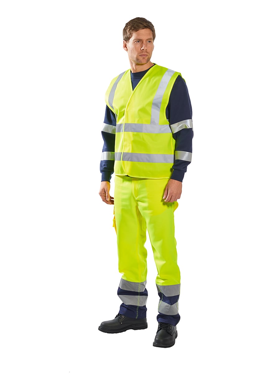 Warnschutzweste Neon-Gelb mit Reflexband, ärmellos, am Modell getragen