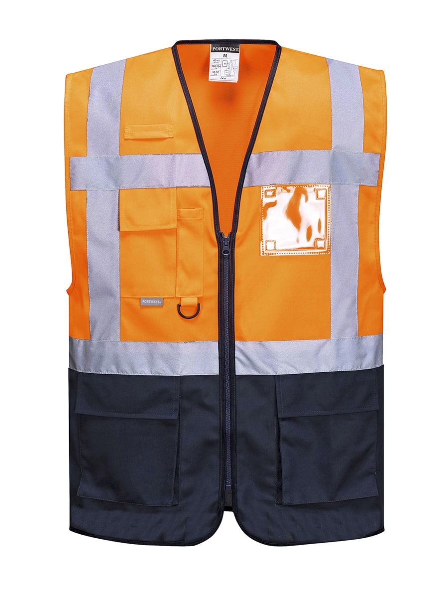 Warnschutzweste mit Frontreißverschluss, orangefarben, reflektierende Silberbänder und Brusttasche