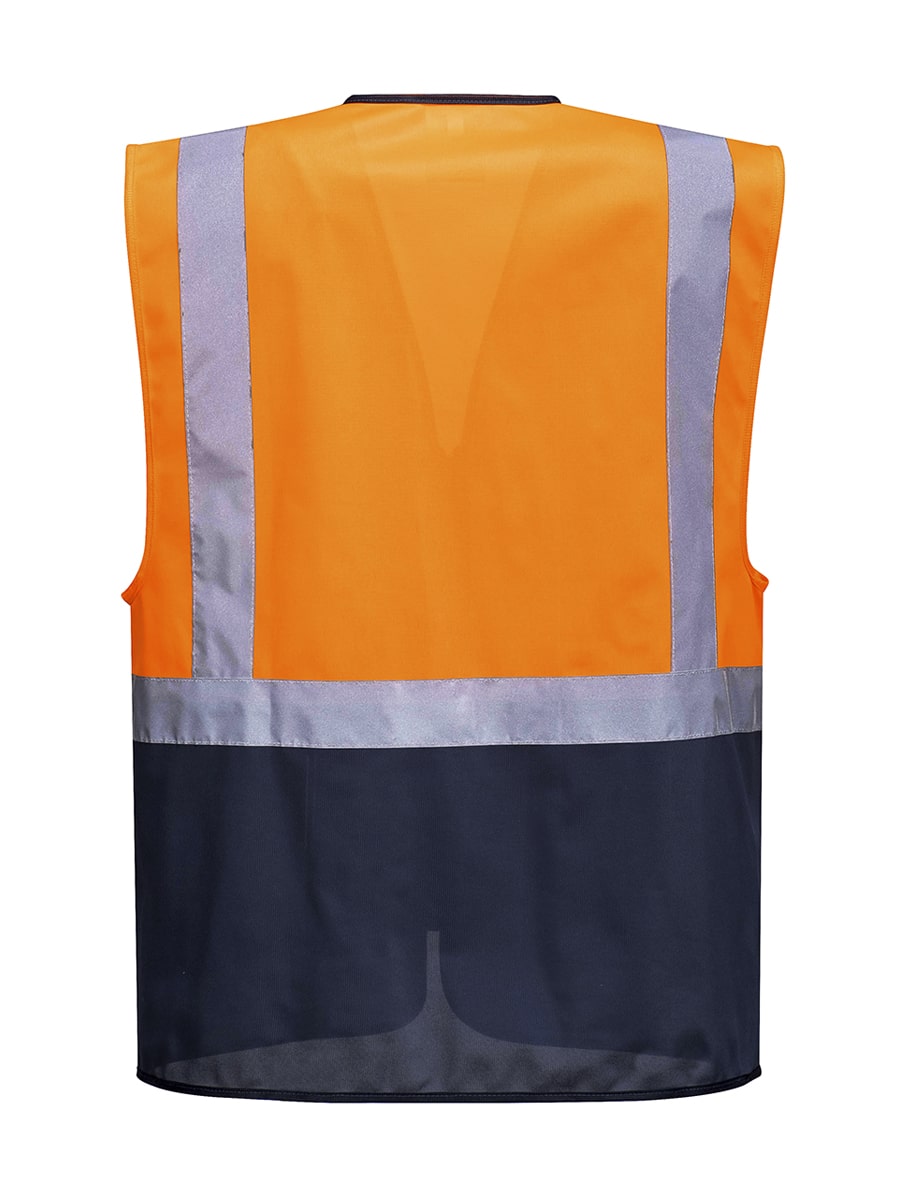 Warnschutzweste Rückansicht, orange mit reflektierendem Silberband und dunklem unteren Saum