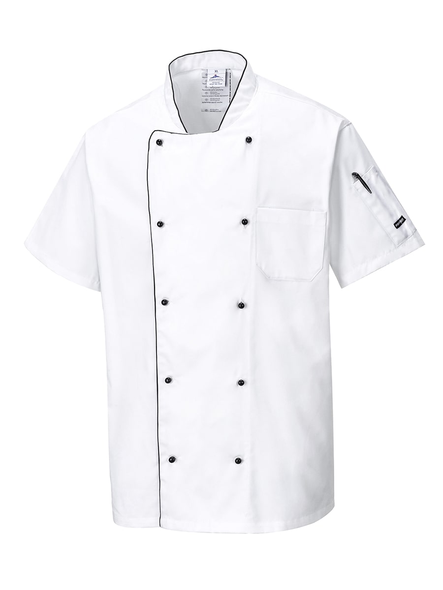 Chefkochjacke kurzarm, Stehkragen, doppelt geknöpft, Brusttasche, weiß