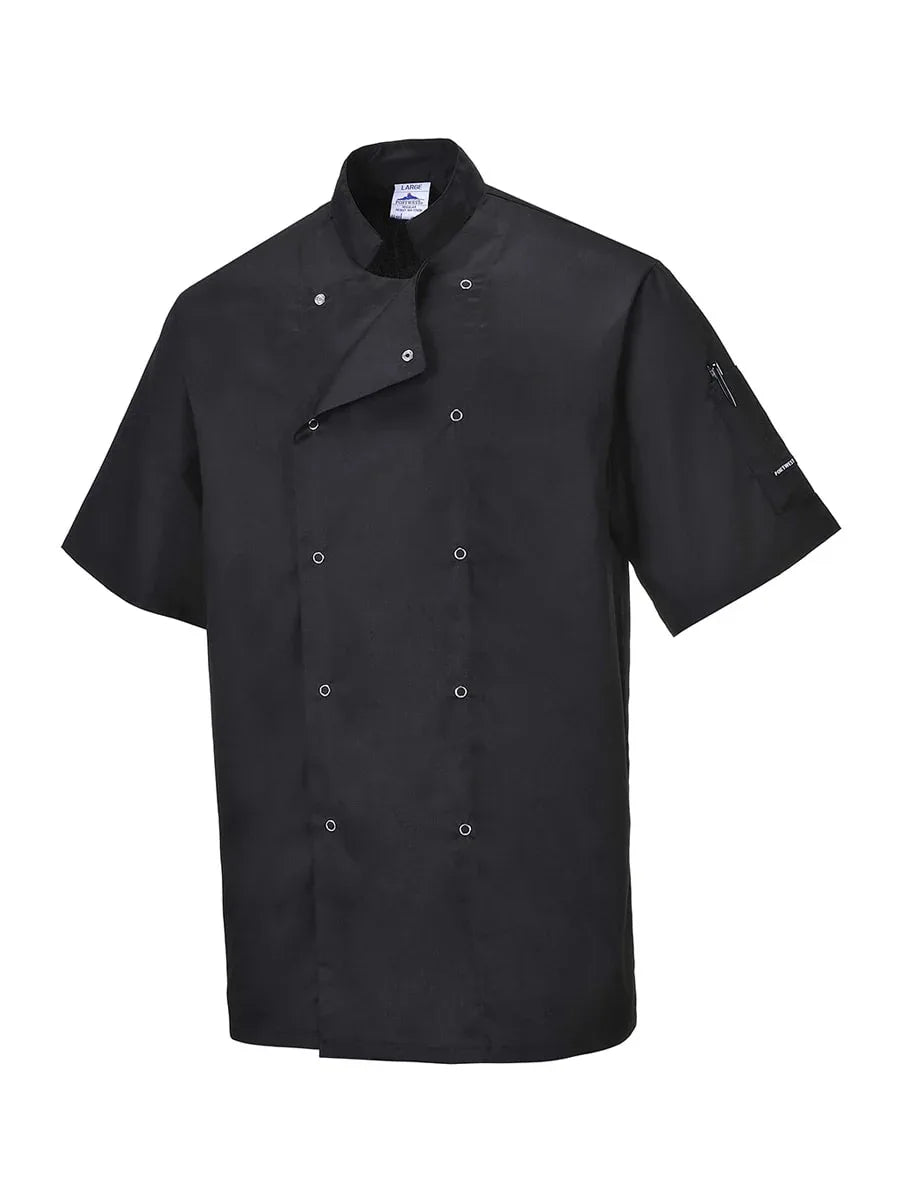 Schwarze Kochjacke mit kurzem Arm, Knopfleiste und Stehkragen