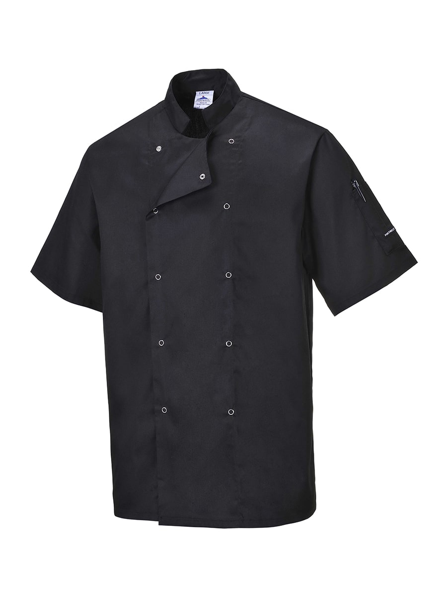 Schwarze Kochjacke mit kurzem Arm, Stehkragen und Doppelknopfleiste