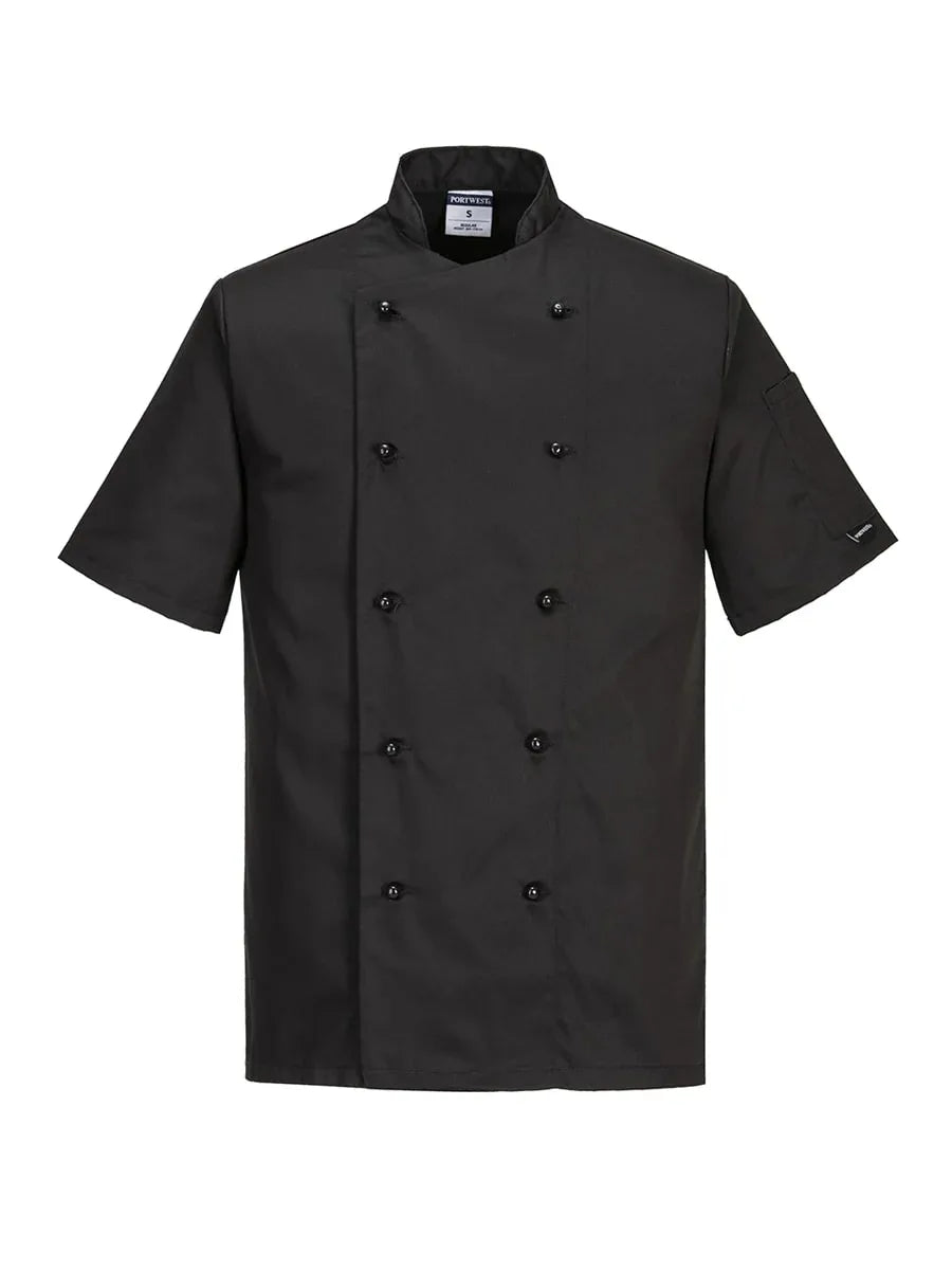 Schwarze Kochjacke mit kurzem Arm, Stehkragen und Knopfleiste