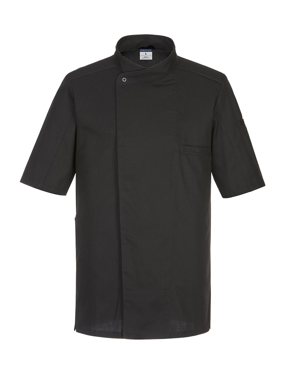 Portwest Surrey Kochjacke kurzarm in Schwarz mit Stehkragen und Druckknöpfen vorne