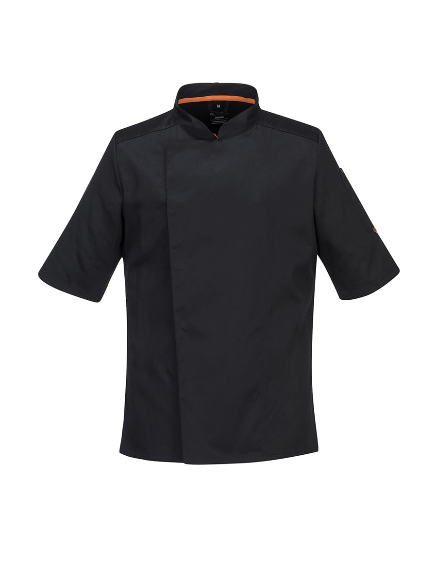 Portwest Kochjacke kurzarm, schwarze MeshAir Pro Arbeitsjacke mit Stehkragen