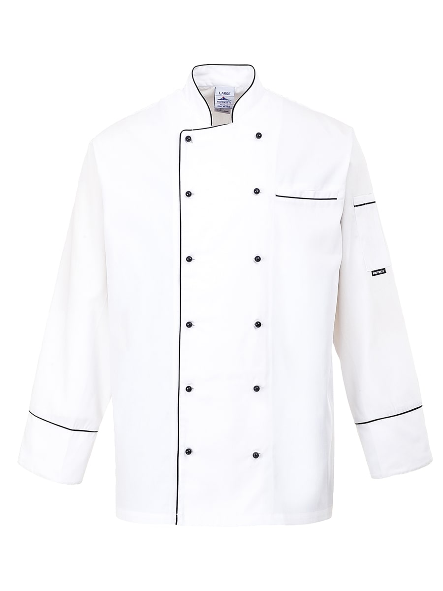 Weiße Kochjacke mit Stehkragen und Knopfleiste, lange Ärmel, schwarze Paspel