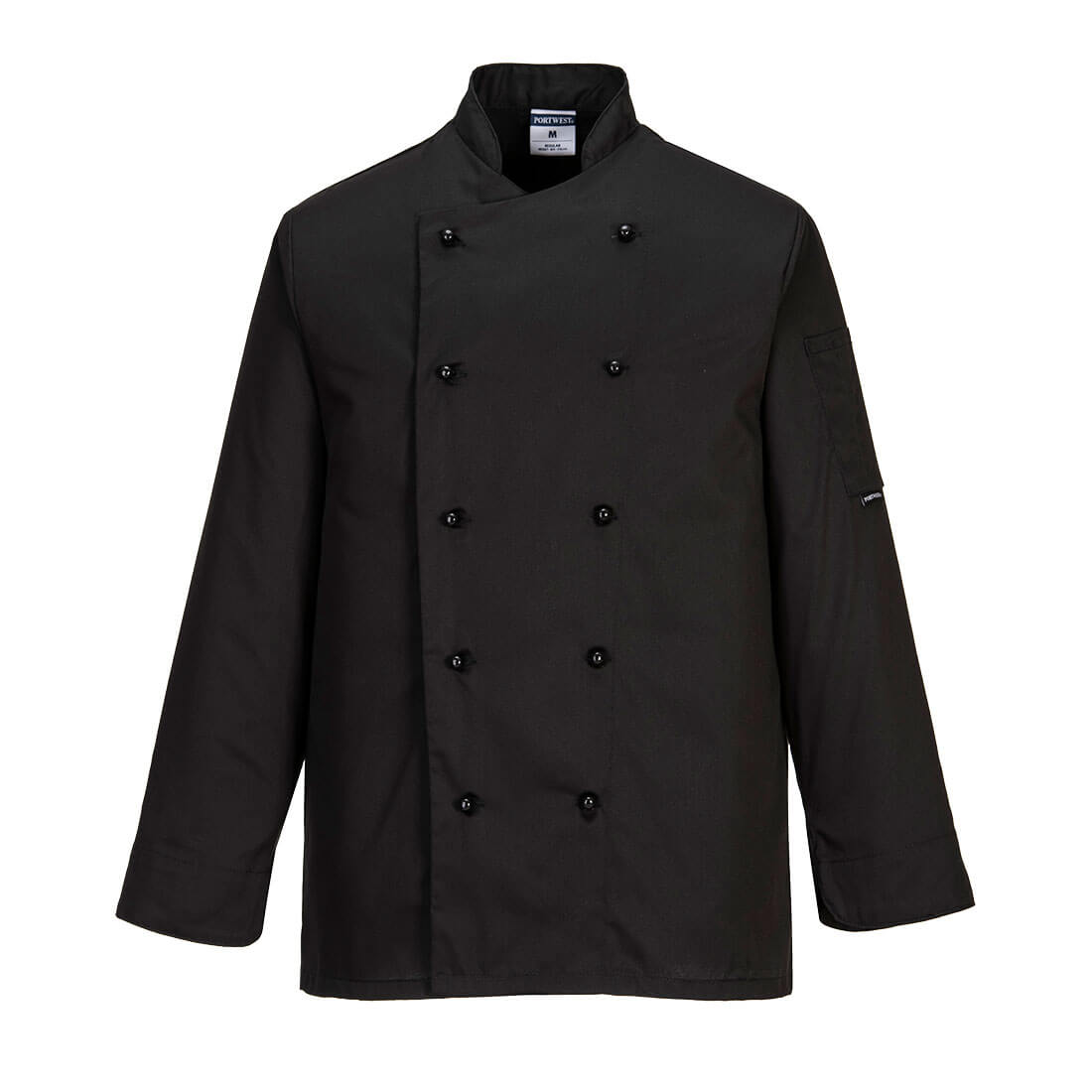 Portwest Somerset Kochjacke: schwarze Front mit Knopfleiste, Stehkragen