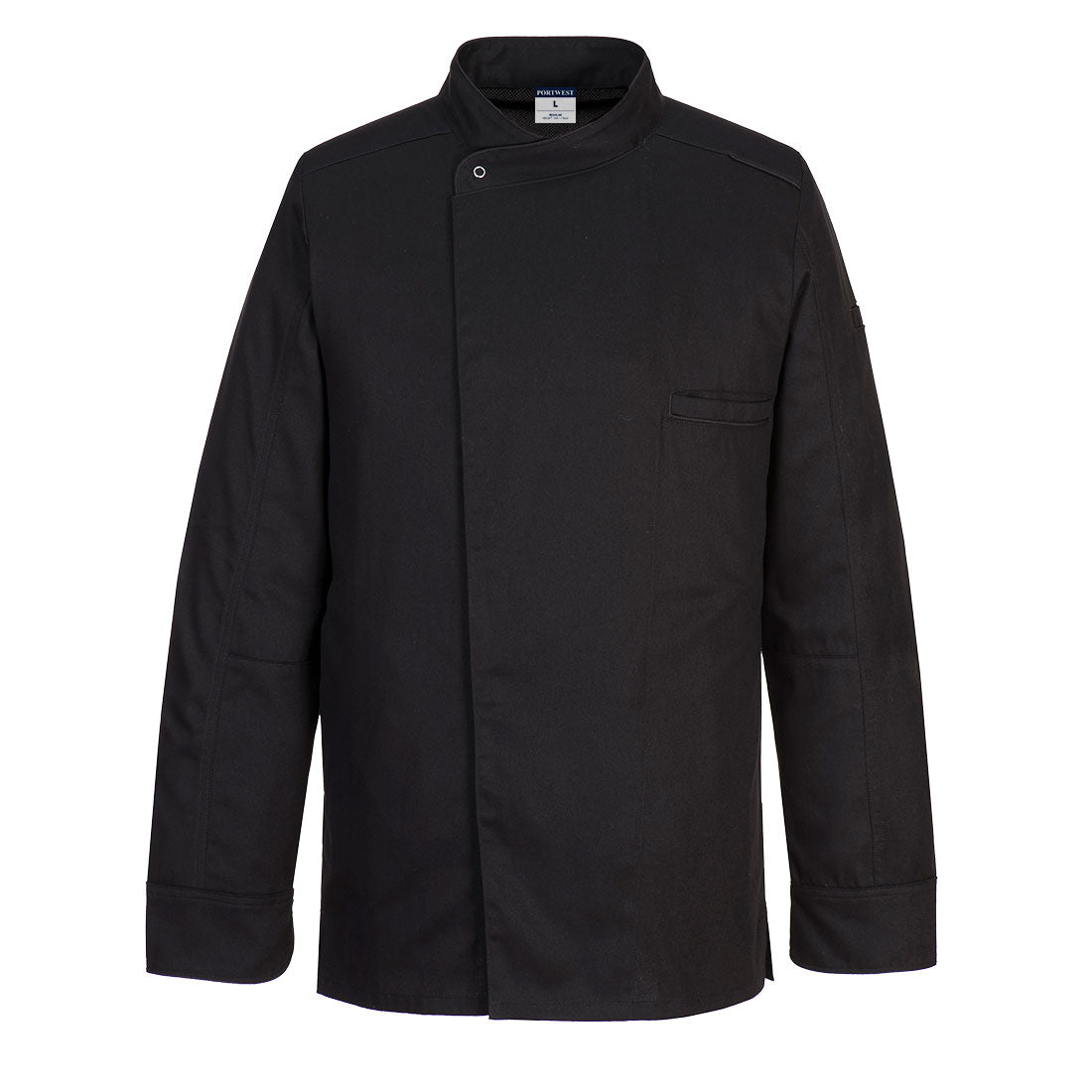 Schwarze Kochjacke mit Stehkragen, Knopfleiste und Brusttasche, langärmlig