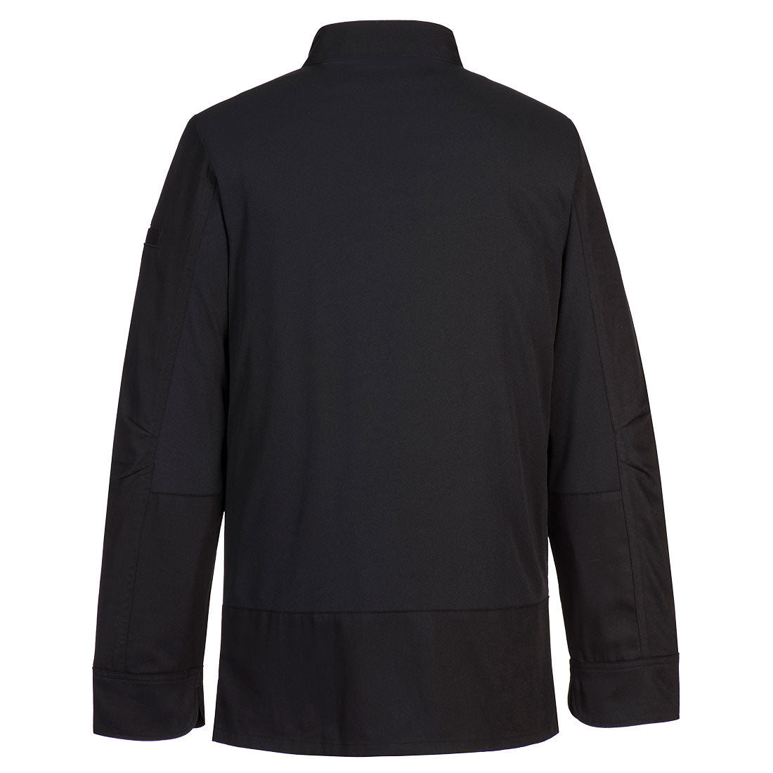 Schwarze Kochjacke, Rückansicht mit Stehkragen und langen Ärmeln