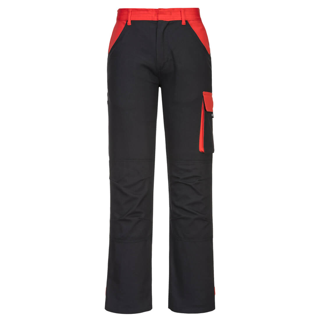 Schwarze Bundhose mit roten Ziernähten und seitlichem Werkzeugtascheneinsatz