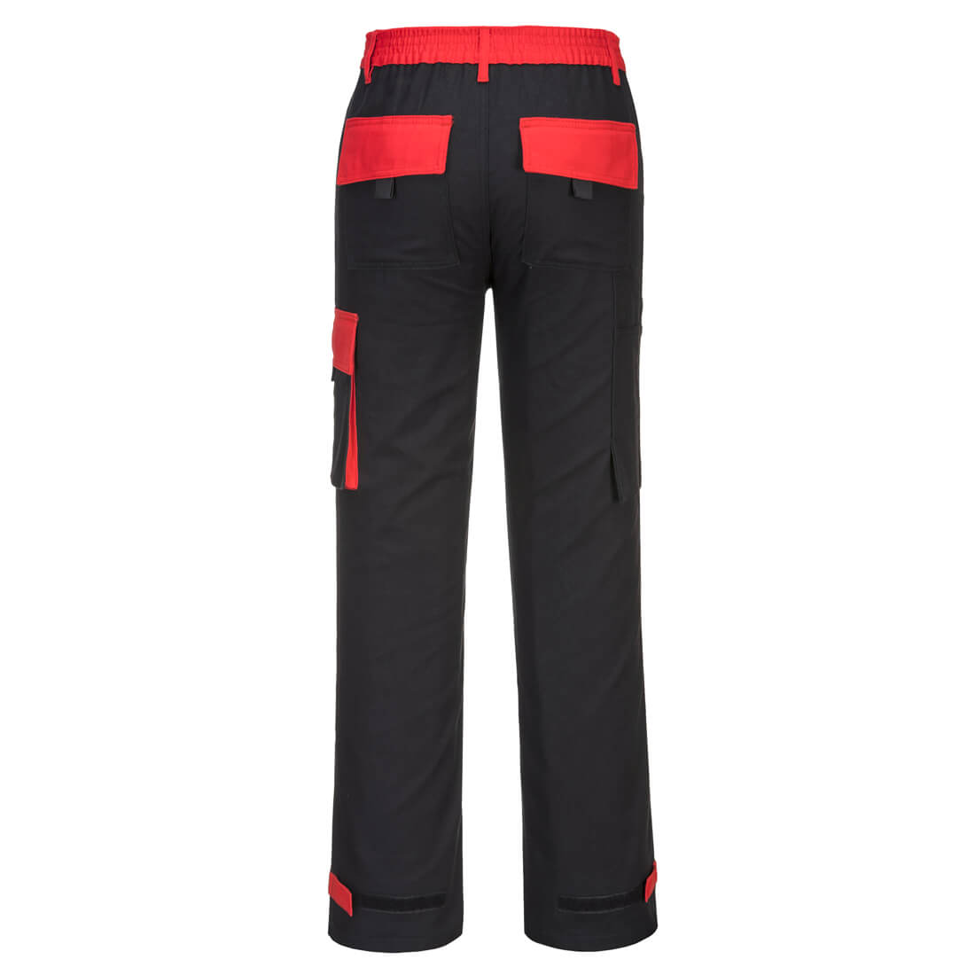 Schwarze Bundhose mit rotem Bund und großen roten Gesäßtaschen
