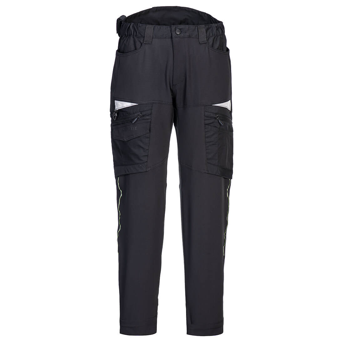 Schwarze Funktionsbundhose mit Taschen und Knieverstärkungen, verstellbarer Bund