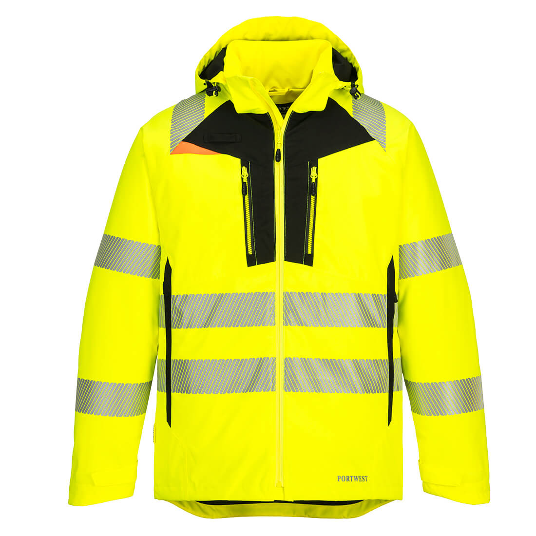 Warnschutz-Winterjacke gelb mit reflektierenden Bändern und Reißverschluss vorn
