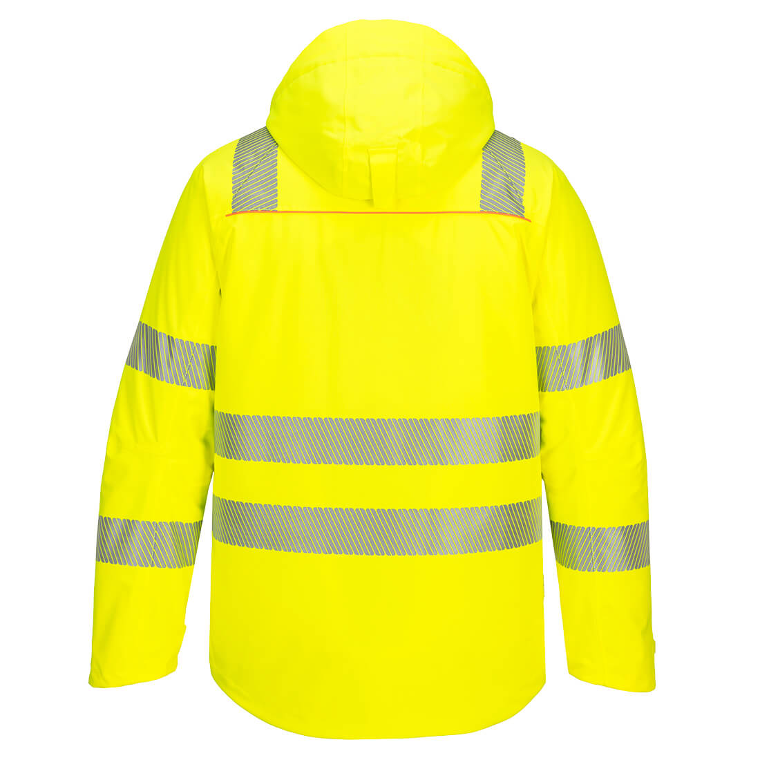 Warnschutz-Winterjacke gelb mit reflektierenden Bändern, Kapuze und Rückansicht