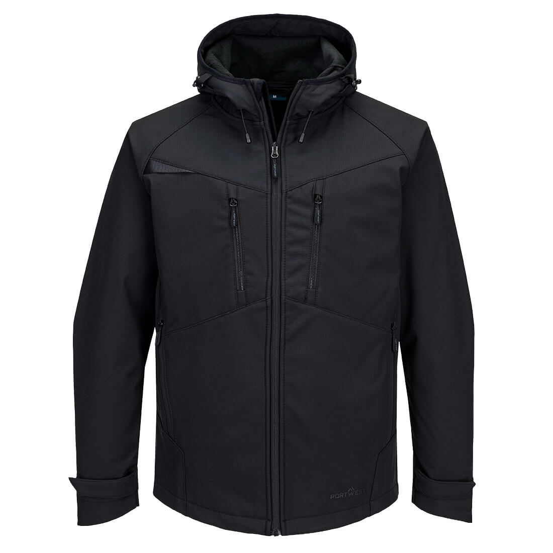 Portwest DX4 Softshelljacke 3L mit Kapuze, durchgehendem Reißverschluss und Fronttaschen.