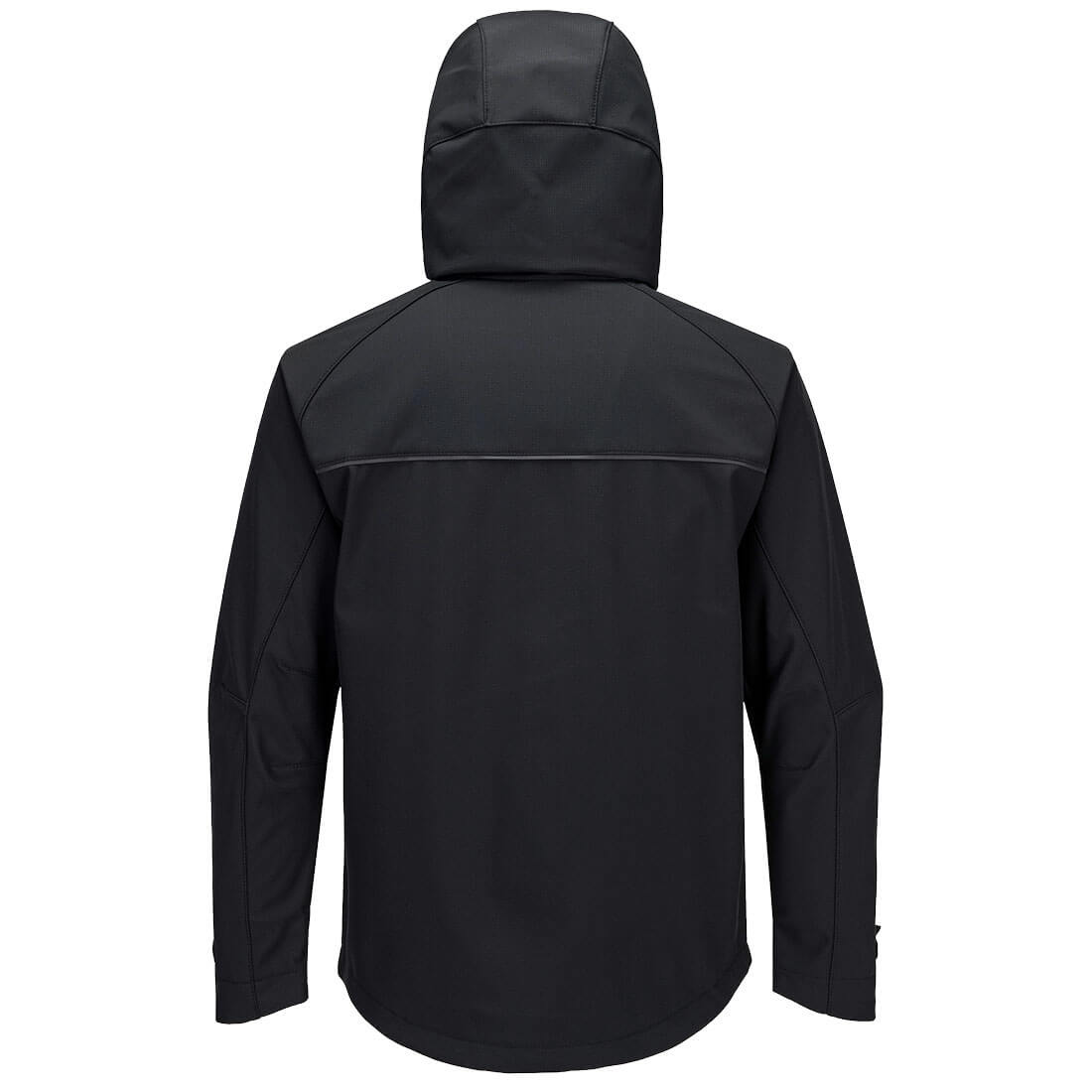 Portwest DX4 Softshelljacke 3L, Rückansicht mit Kapuze und durchgehendem Reißverschluss.