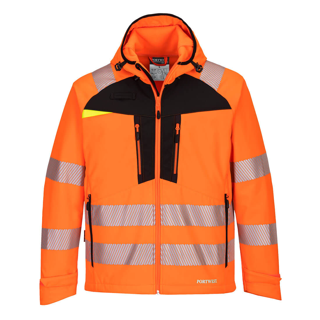 Warnschutz-Softshelljacke in Orange/Schwarz mit reflektierenden Streifen und Frontreißverschluss