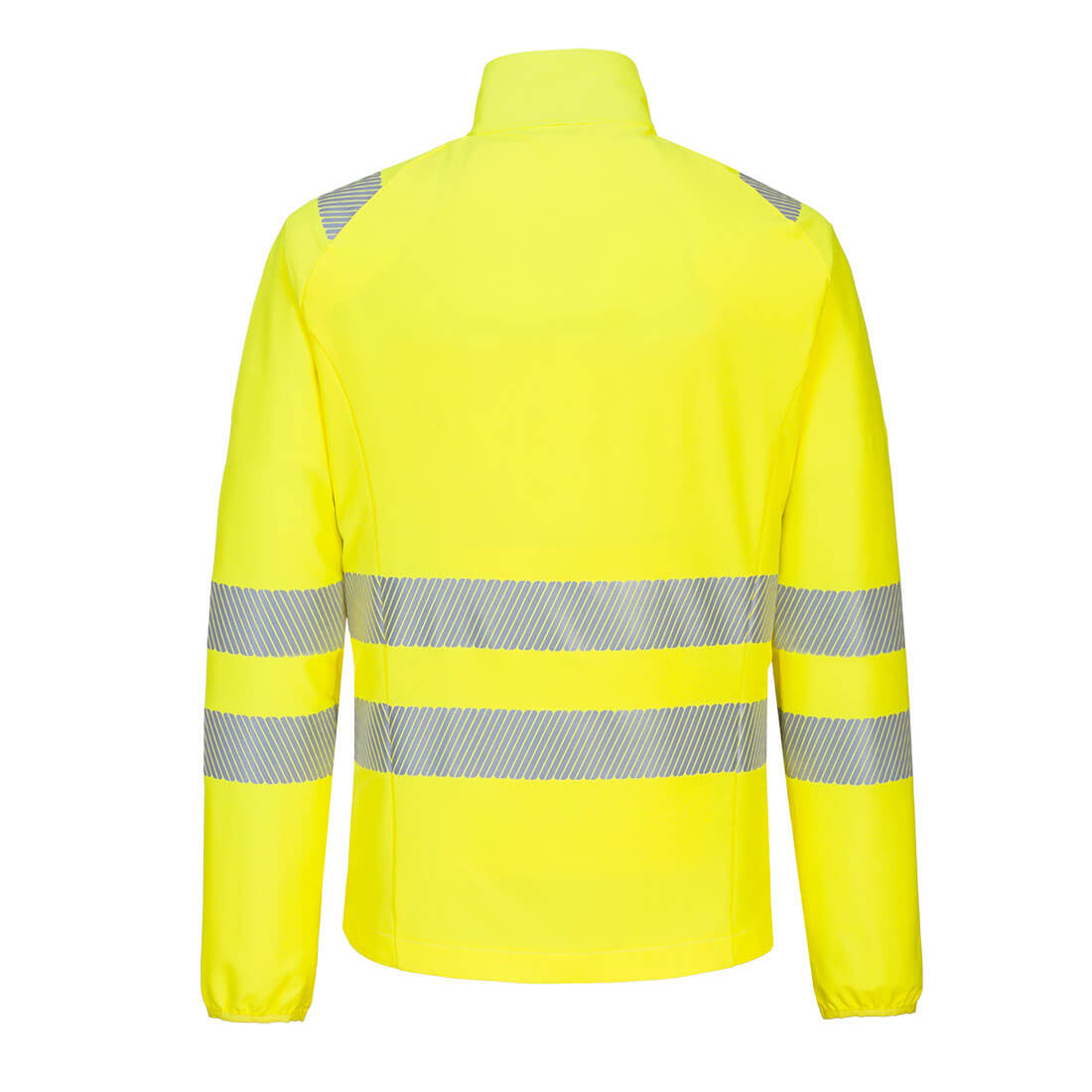 Warnschutz-Arbeitsjacke gelb mit reflektierenden Streifen, Rückansicht, hoher Kragen