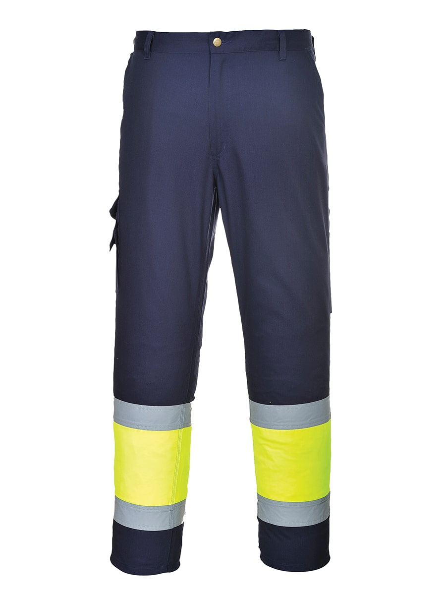 Portwest Warnschutz-Combat-Hose marineblau mit gelbem Bein, reflektierende Streifen