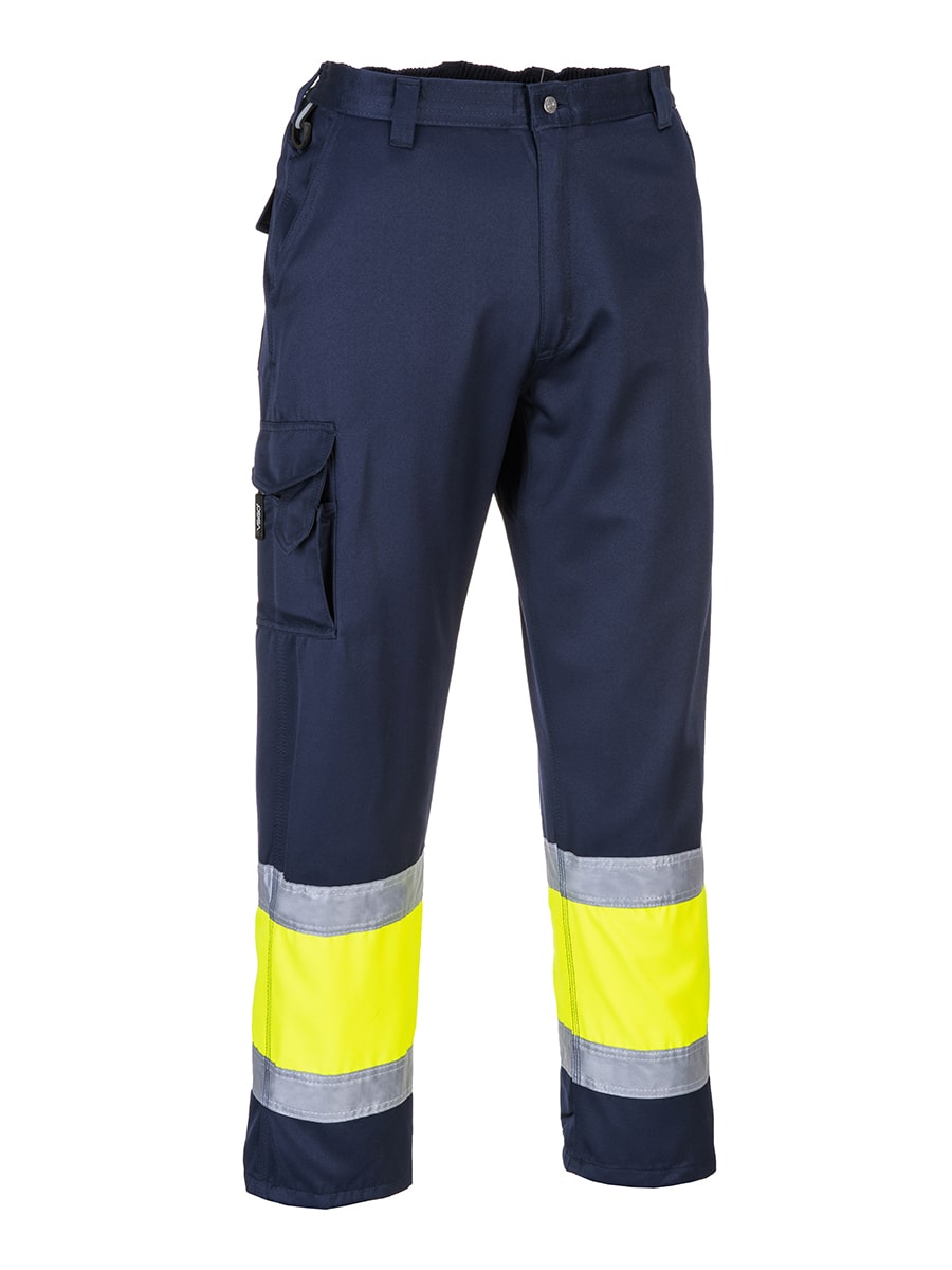 Portwest Warnschutz-Combat-Hose marineblau: gelbe Abschnitte, Reflektorstreifen, seitliche Taschen