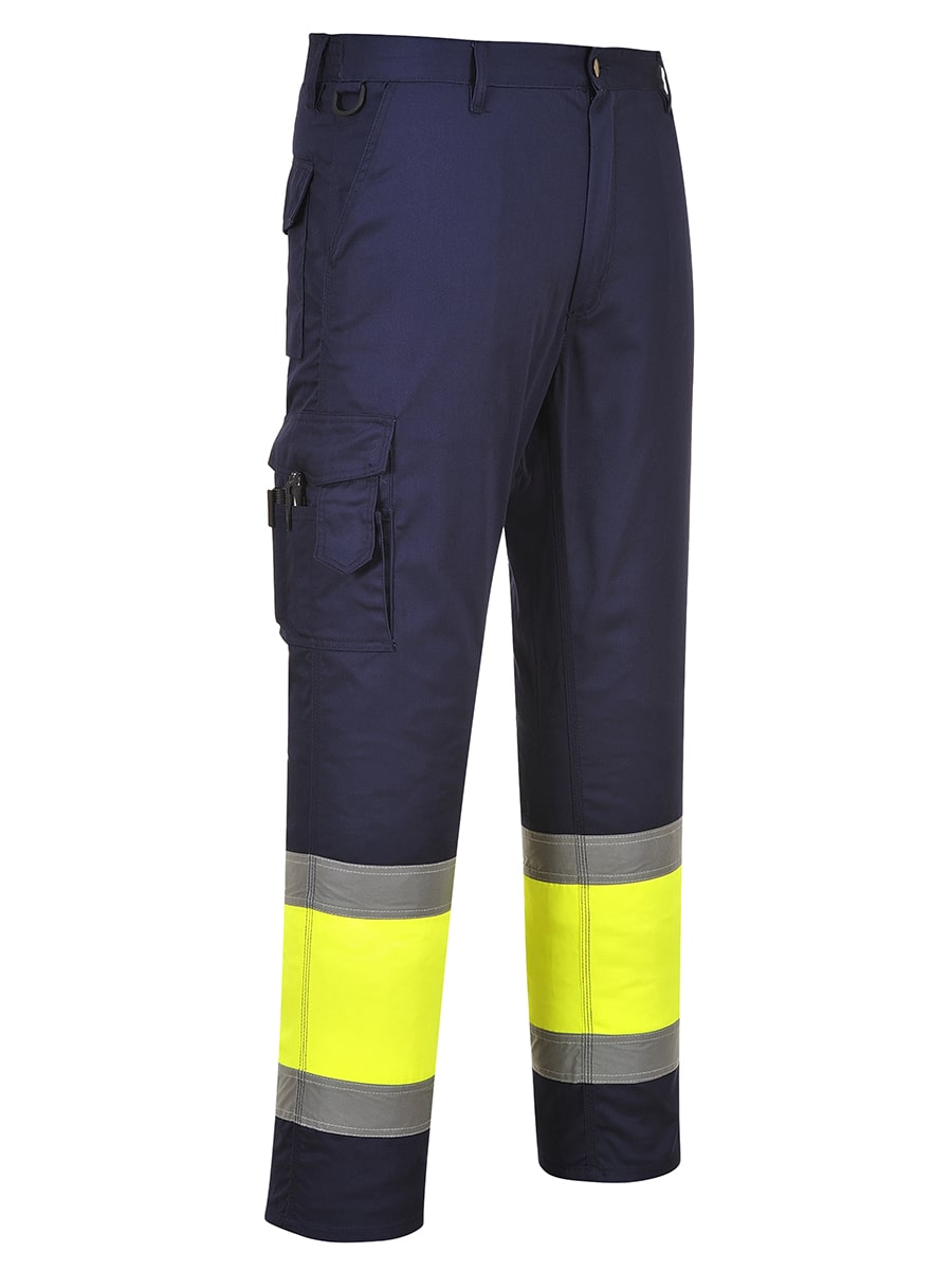 Portwest Warnschutz-Combat-Hose marineblau mit gelben Beinabschnitten, Reflektorband, Cargo-Tasche