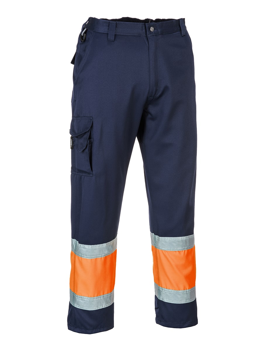 Portwest Warnschutz-Combat-Hose in Marine mit Orange, reflektierenden Bändern, Cargotaschen.