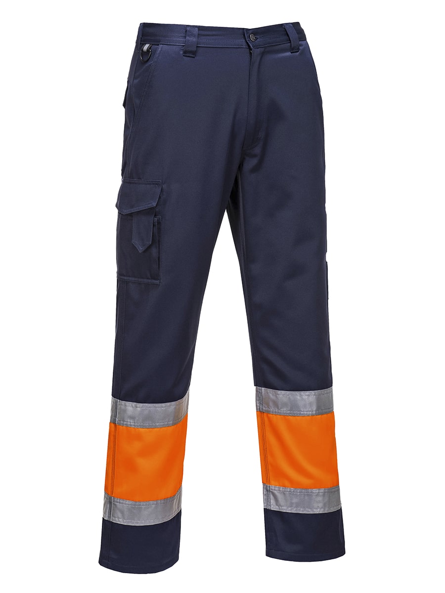 Portwest Warnschutz-Combat-Hose Marine/Orange mit reflektierenden Streifen und Seitentaschen.
