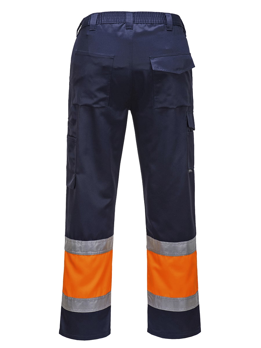 Portwest Warnschutz-Combat-Hose Marine/Orange mit reflektierenden Bändern, Rückentaschen.