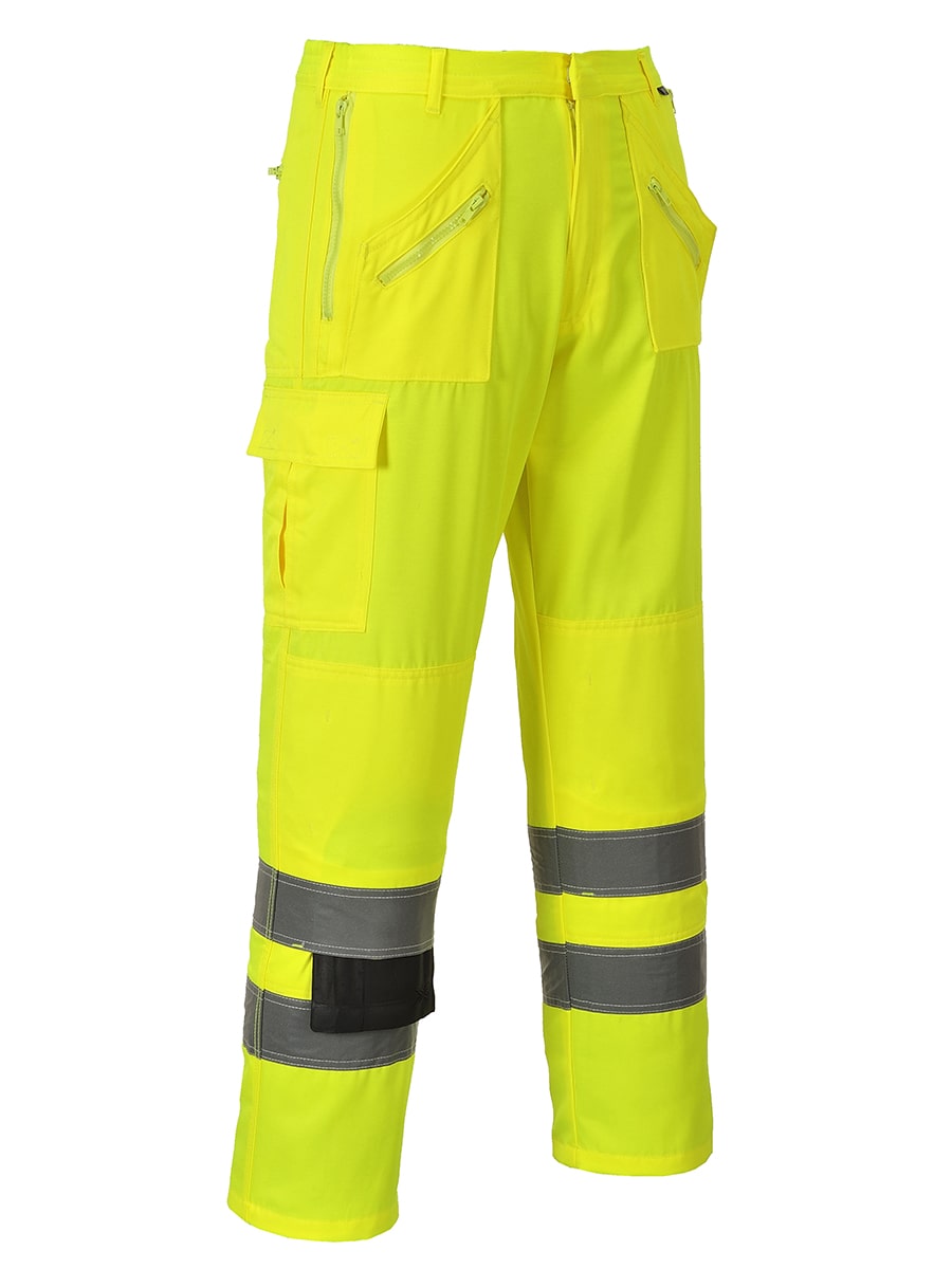 Portwest Warnschutzhose gelb mit Taschen vorn und Reflexstreifen an den Beinen