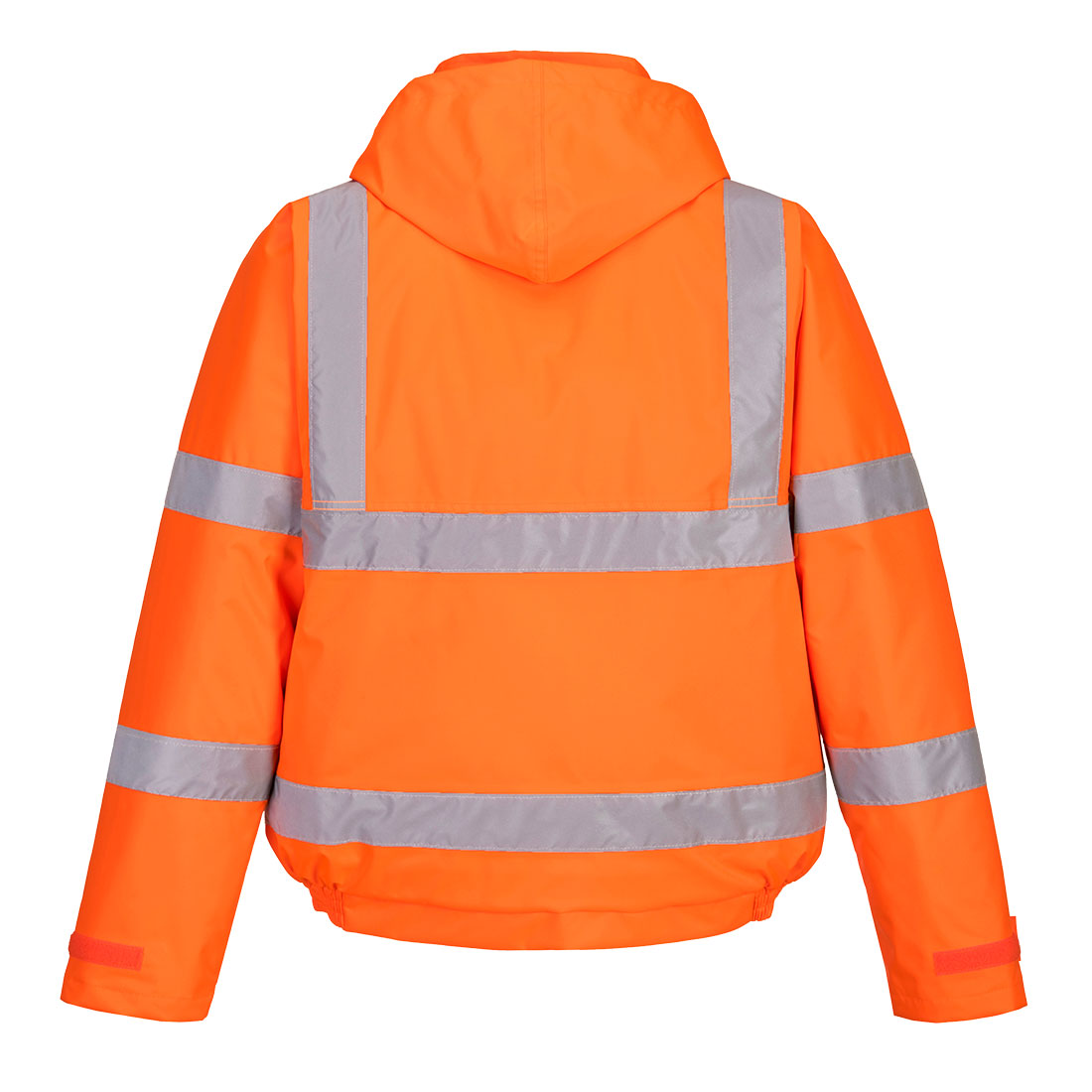Orange Warnschutz-Winterpilotenjacke mit reflektierenden Streifen und Kapuze hinten