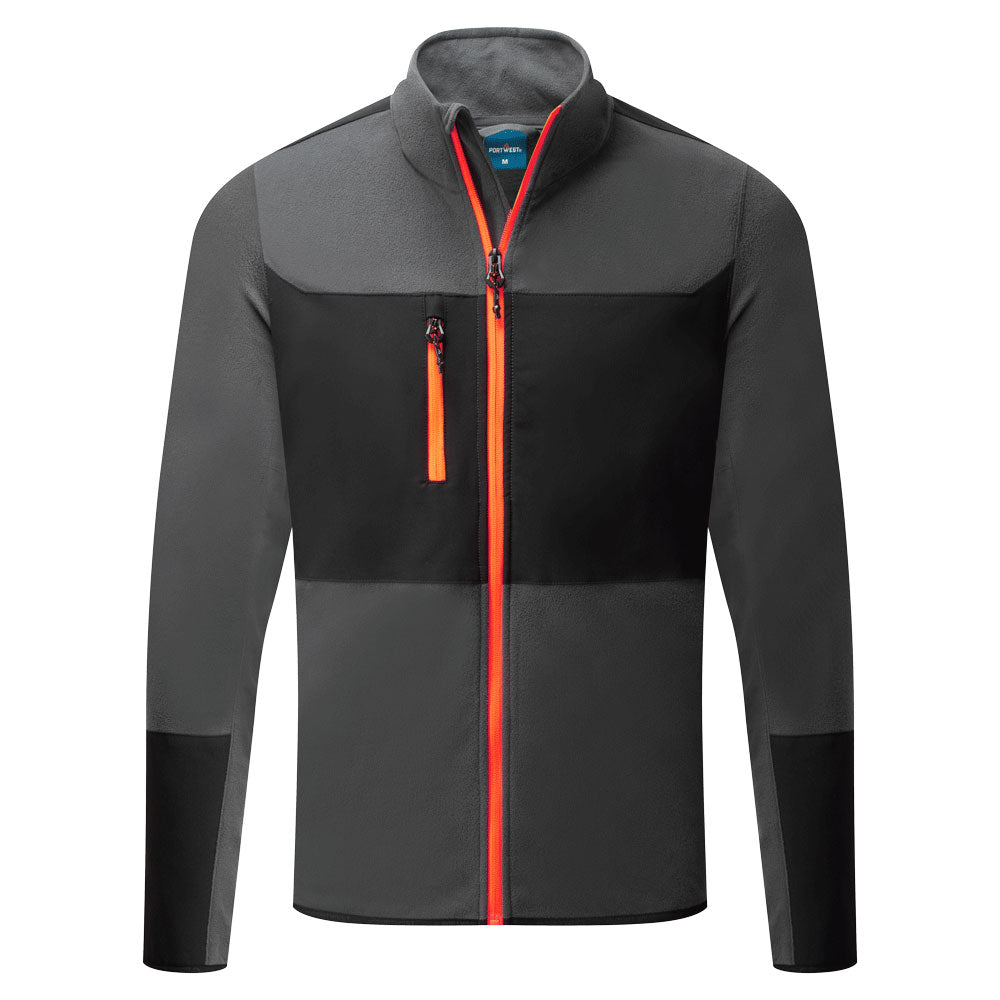 Dunkle Stretch-Fleecejacke mit durchgehendem Reißverschluss, hohem Kragen und farbigen Einsätzen