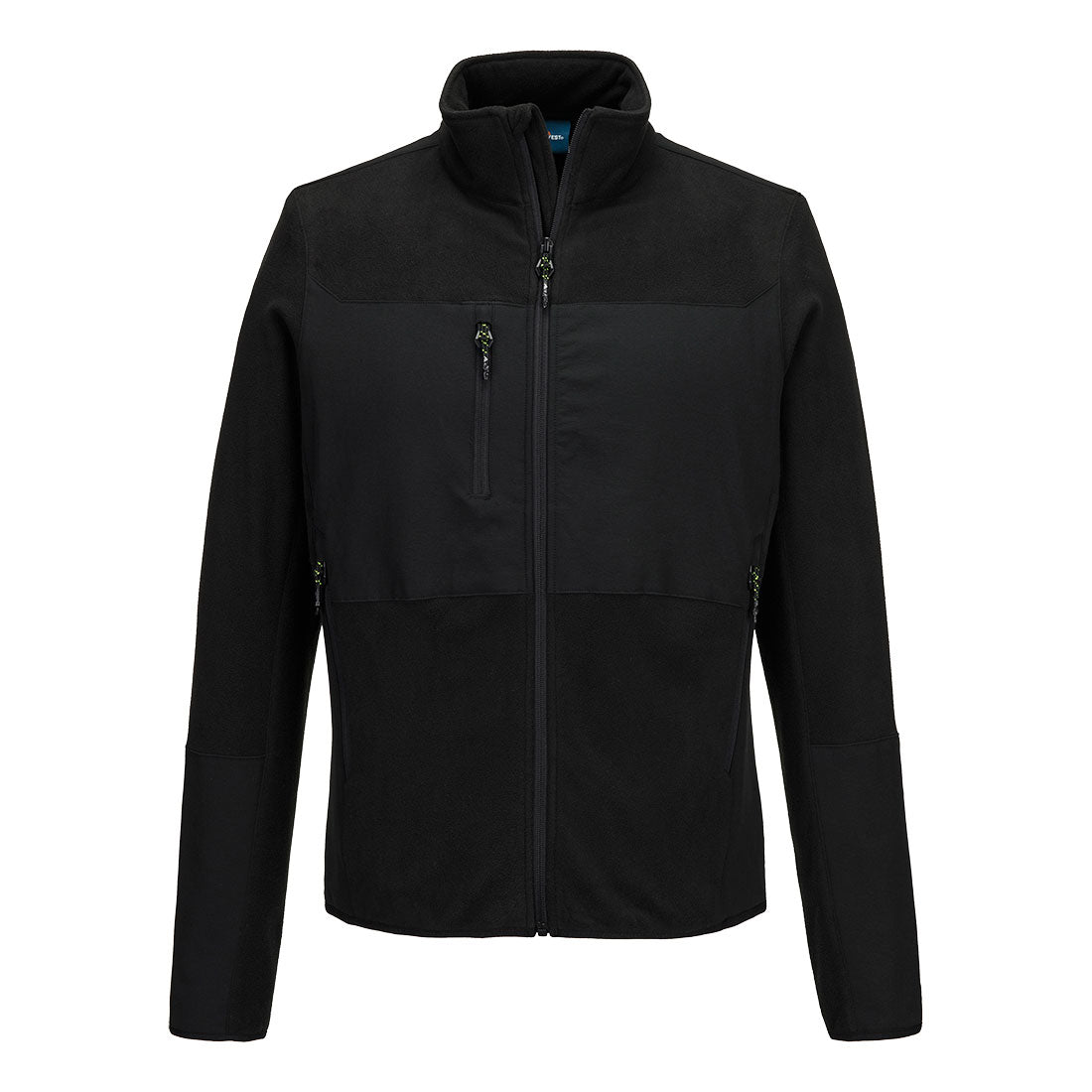 EV4 Stretch-Fleecejacke: schwarze Jacke mit durchgehendem Reißverschluss und Stehkragen