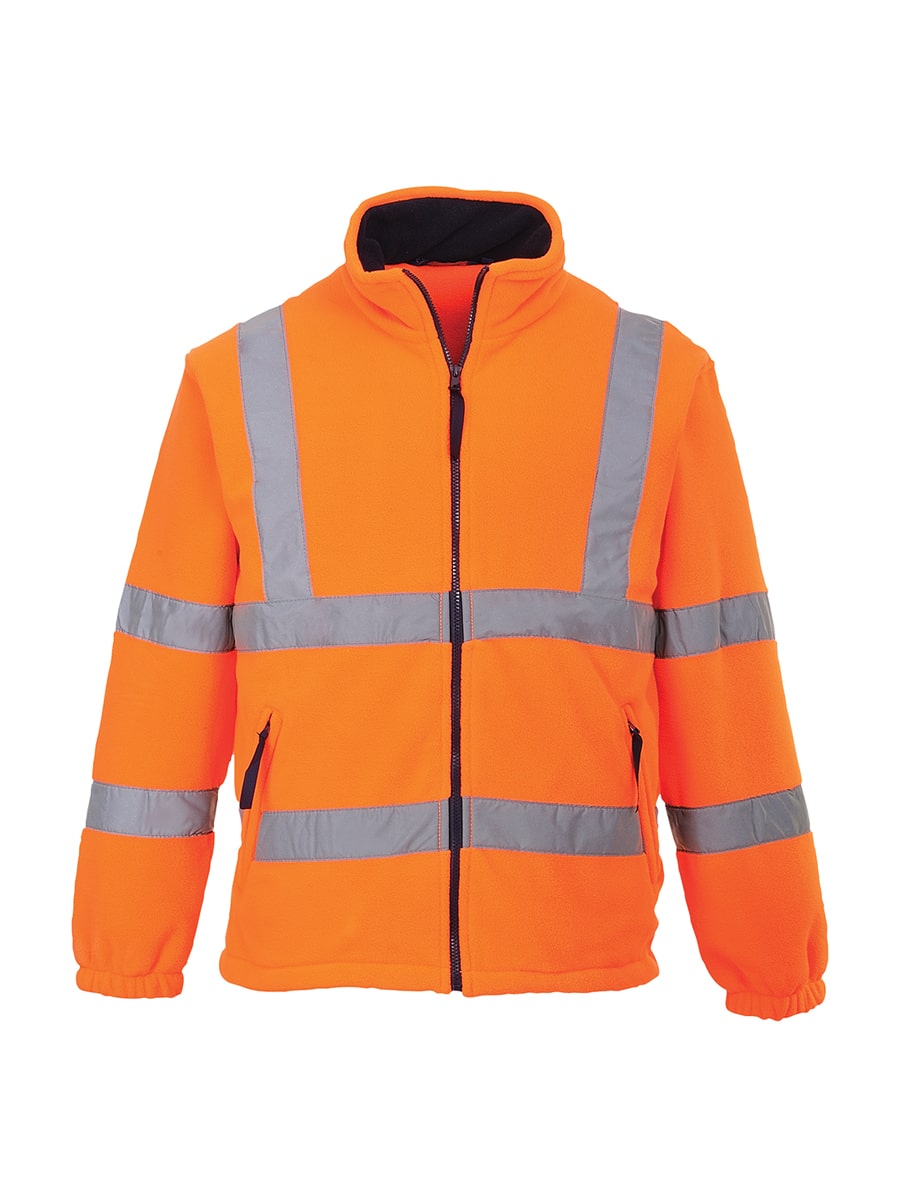 Warnschutz-Fleecejacke mit durchgehendem Reißverschluss, orange, reflektierende Streifen, Kapuze